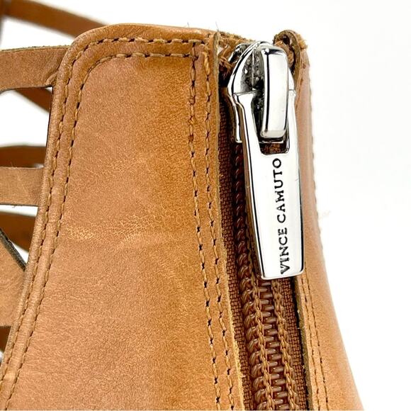 Vince Camuto Open Toe Bootie Sz 10 Tan/Brown Cut-Out Leather Stacked Block Heel - Picture 9 of 16